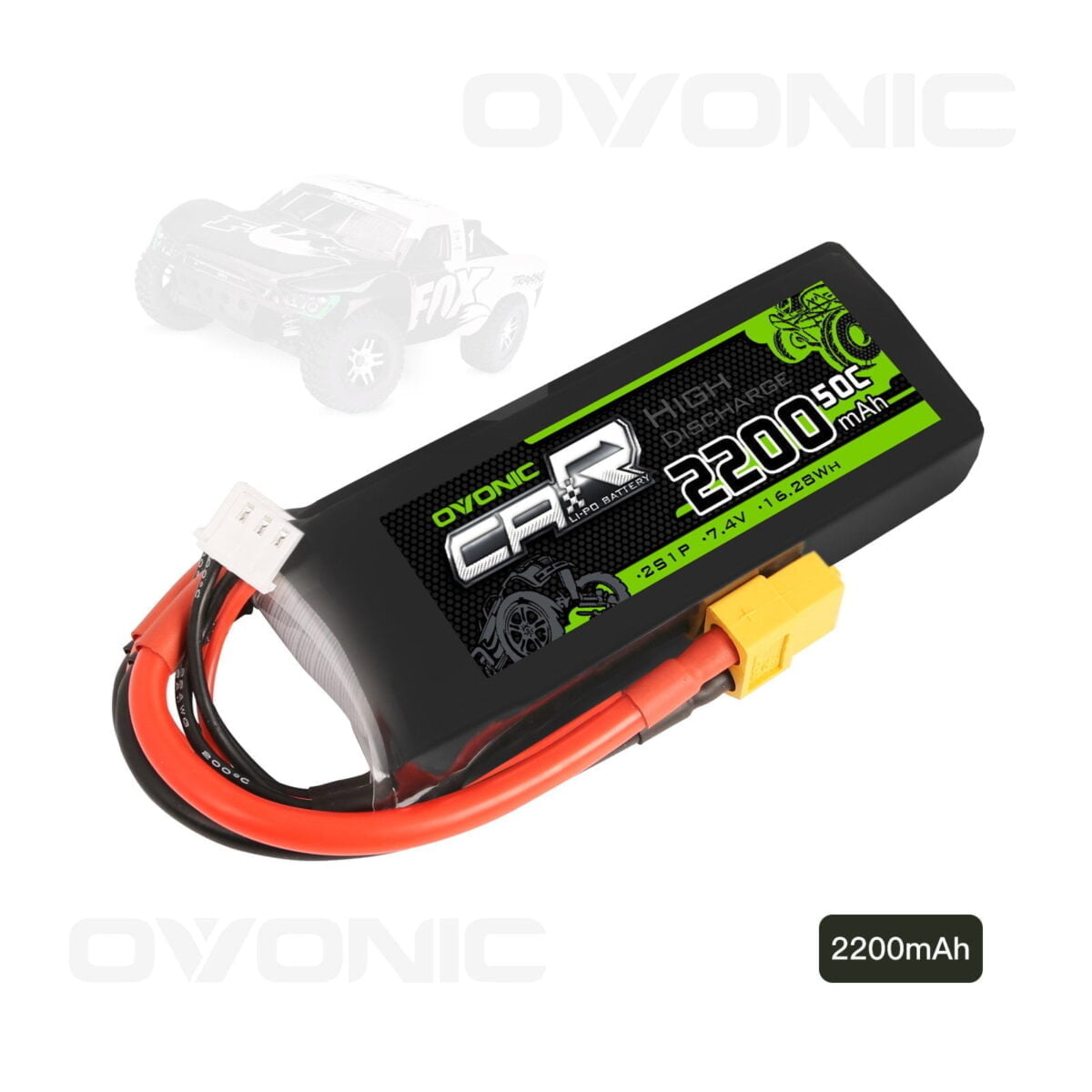 OVONIC 7.4V 2200mAh 2S 50C LiPo Battery with XT60 & Trx Plug for 1/16 1/18 Traxxas Cars