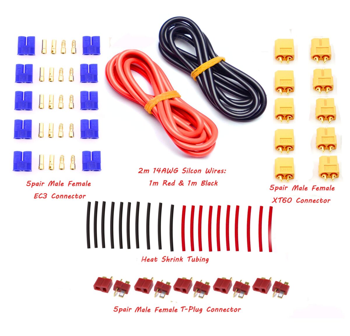 T-Plug EC3 XT60 Male and Female Adapter Connector with Silicone Wire and Heat Shrink Tubes for RC ESC Lipo Battery Motor(52PCS)