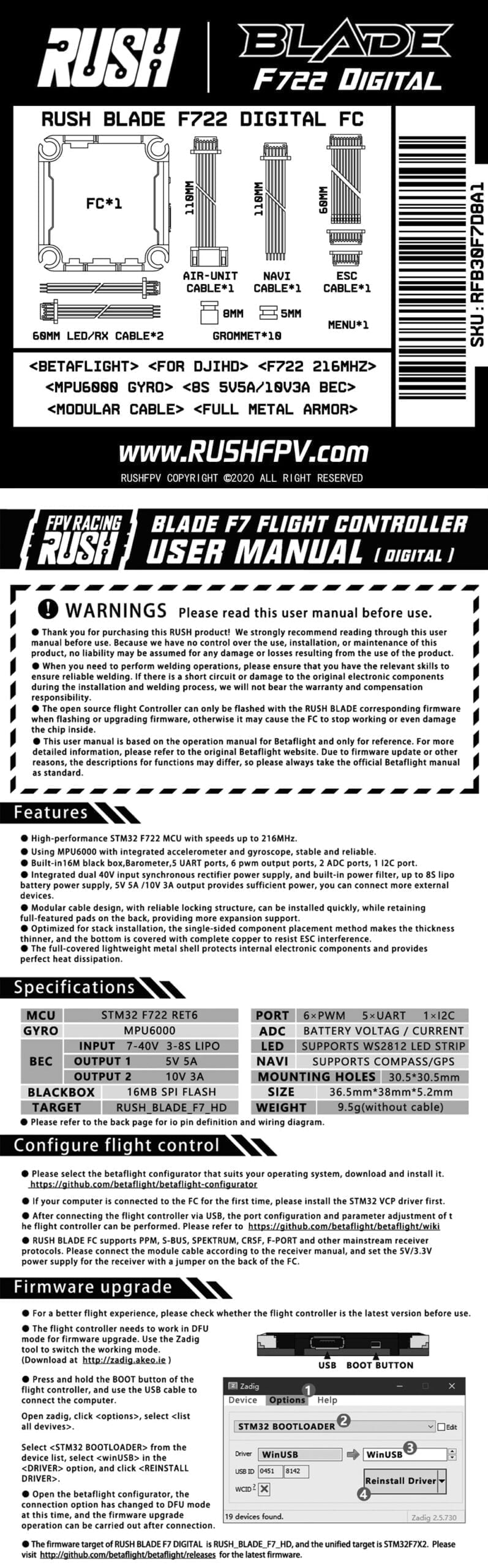 RushFPV RUSH BLADE F722 Flight Controller For DJI Digital FPV System